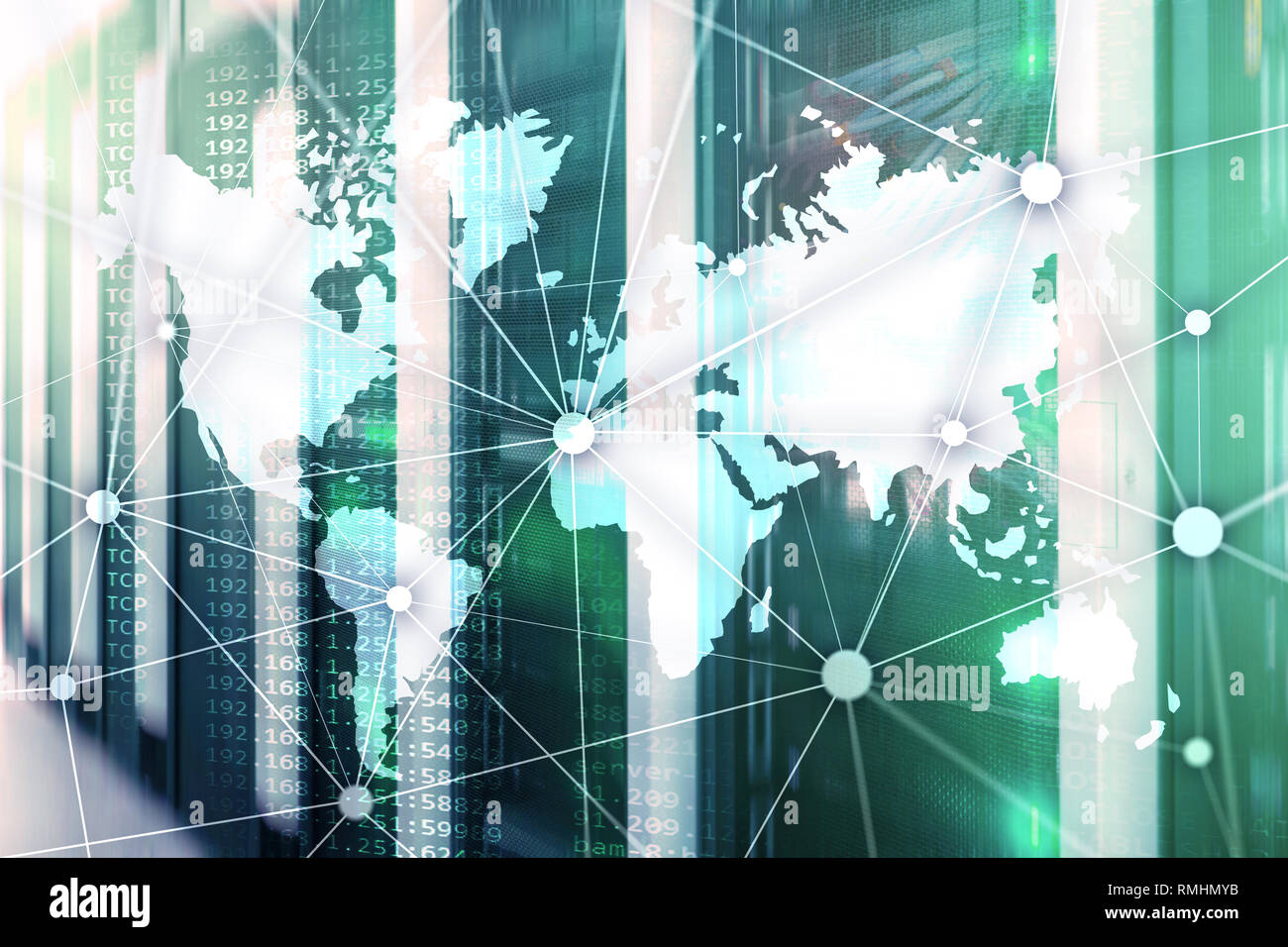 Weltkarte mit Kommunikation Netzwerk auf dem Server zimmer Hintergrund. Stockfoto