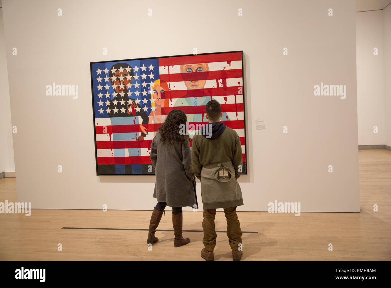 'The Flag is Burning', Faith Ringgold Artist, Ölfarbe auf Leinwand; Teil der Ausstellung 'Soul of a Nation: Art in the Age of Black Power' im Brooklyn Museum 2019 Stockfoto