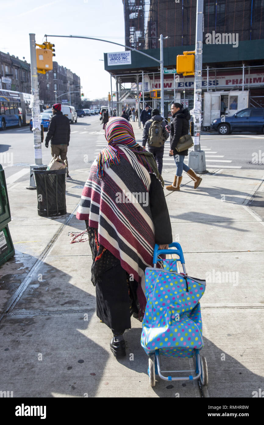 Muslimischer Zuwanderer Frau zieht einen Warenkorb zusammen Kirche Allee in die multi-ethnische Kensington Viertel von Brooklyn, New York. Stockfoto