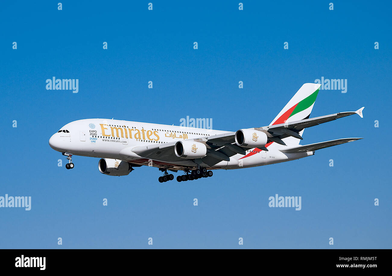 Emirates A380 Super Jumbo Jet Landung am Flughafen LAX Stockfoto