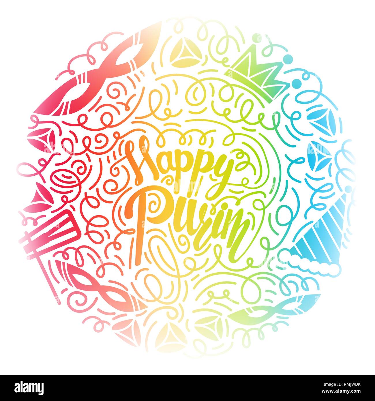 Purim Grußkarte in doodle Stil mit mit Karneval Maske, Hüte, Krone, Lärm machen und hamantaschen. Bunte vektor Illustration. Auf weissem Hintergrund Stock Vektor