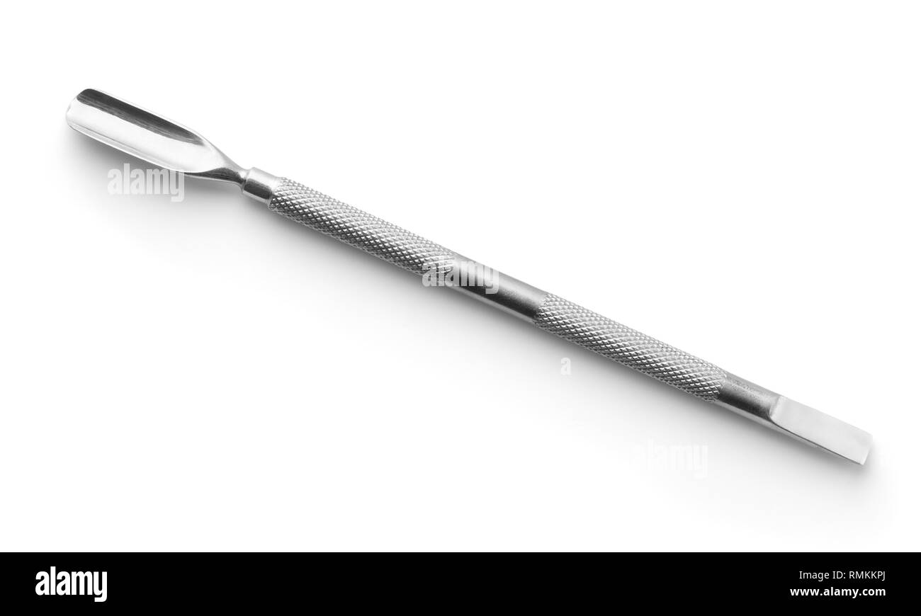 Doppelseitige Stahl Maniküre Nagelhaut pusher isoliert auf weißem Stockfoto