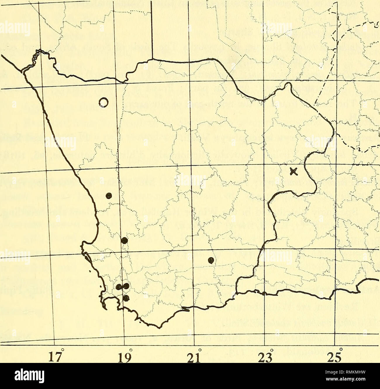 . Annalen der South African Museum = Annale van sterben Suid-Afrikaanse Museum. Natural History. Eine CHECKLISTE DER LAND UND FRISCHES WASSER VÖGEL VON WESTERN CAPE 229. Karte 35. Verteilung der Unterarten von izmzYzj. T> ots: A. s. petricolus; Kreuze:^, s. nicholsoni; offene Kreise: A. s. leucocraspedon. Anthiis imilis nicholsoni; Vincent, 1952: 61 (teilweise); McLachlan &Amp; Liversidge, 1957: 371 (teilweise); Praed &Amp; Grant, 1963: 3 (teilweise). Anthus imilis petrobates; c. v. Chr., 1963: 44. Im Großen und Ganzen lieber Hügeliger als A. Novaeseelandiae. Die vorliegende Rasse ist, dass im Süden. CI-I, Stockfoto