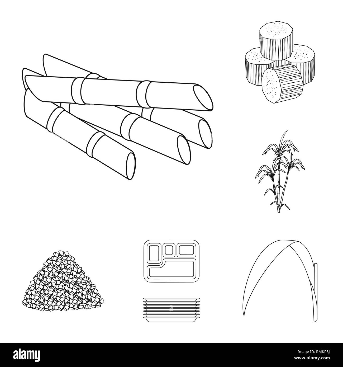 Stick, Stück, Bush, Karton, Blatt, Saft, Cube, Palm, granuliert, Container, Grün, Ernte, Indien, Säule, Block, Pack, Stiel, Afrika, Lagerung, Eco, Stammzellen, Kohlenhydrat, leer, süß, fest, jaggery, leer, Photosynthese, Zucker, Feld, Pflanze, Plantation, Agrar, Landwirtschaft, Saccharose, Technologie, Zuckerrohr, Zuckerrohr, Set, Vector, Icon, Illustration, isoliert, Sammlung, Design, Element, Grafik, Zeichen, Outline, Linie Vektor Vektoren, Stock Vektor