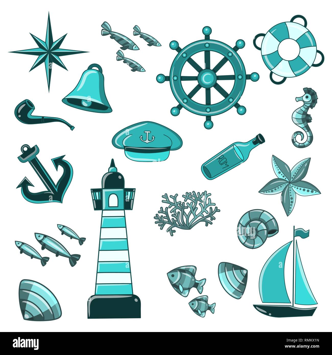 Nahtlose Muster mit Muscheln, Korallen und Seesterne. Marine Hintergrund. Stock Vektor