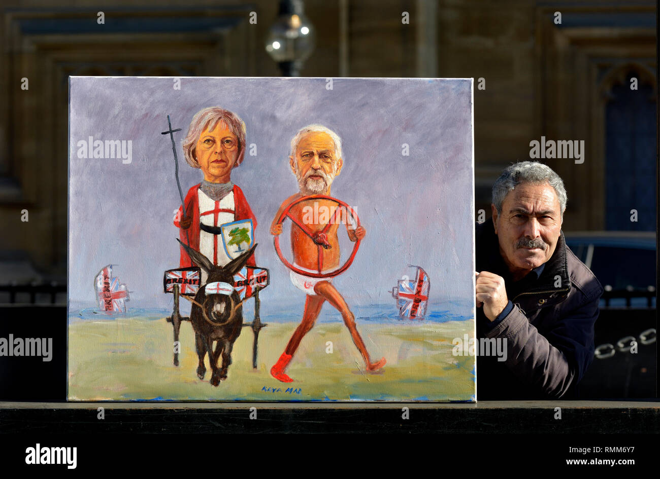 Kaya Mar-türkischen politischen Karikaturisten - Mit seiner neuen Brexit Malerei von PM Theresa May und Jeremy Corbyn. 14. Februar 2019 Stockfoto