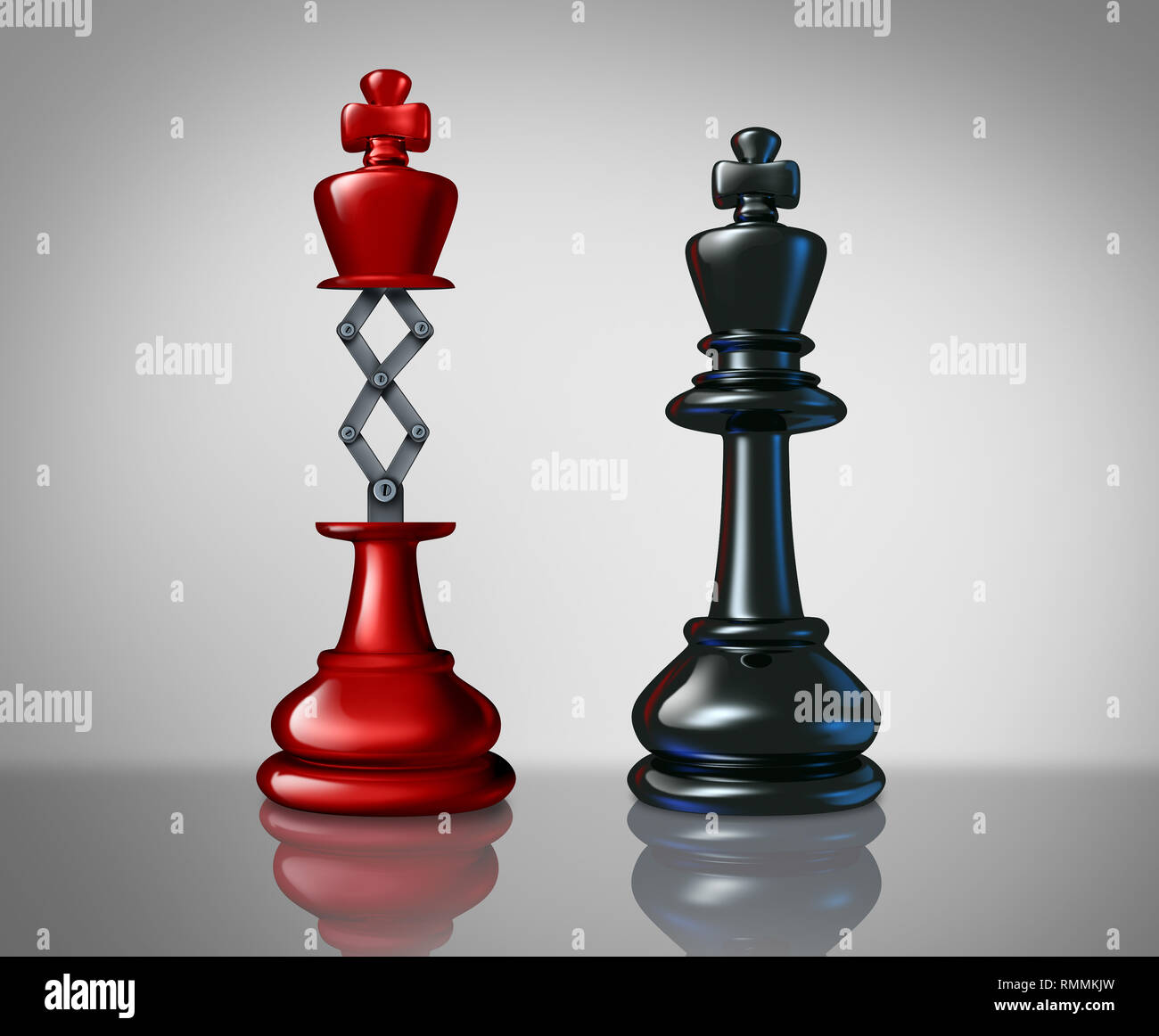 Geheime Waffe Geschäft Erfolg Konzept mit einem roten Chess king steigen über einen Wettbewerber Marktführer mit einem versteckten innovative Tool als Metapher für. Stockfoto