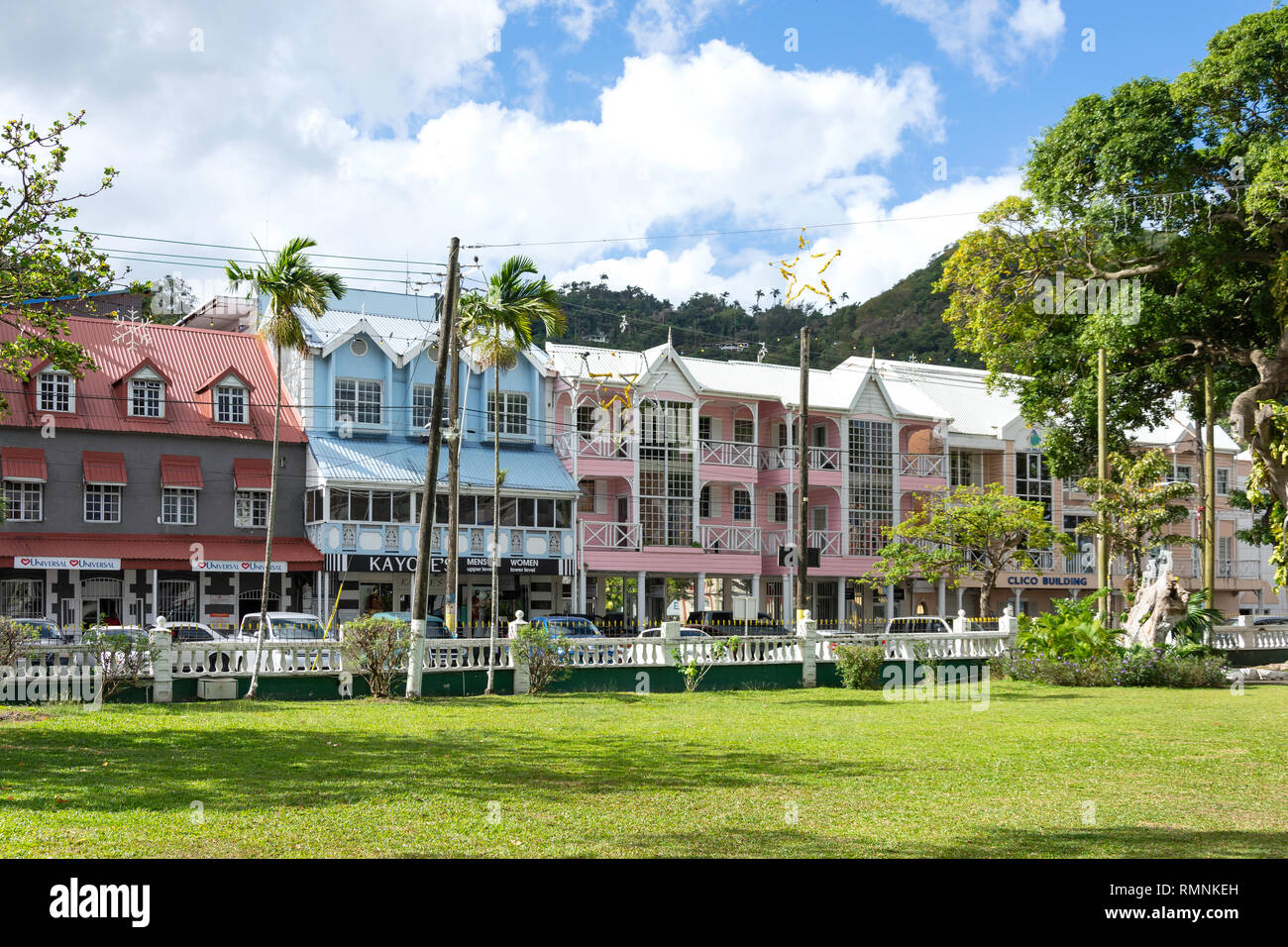 Im französischen Stil, historischen Gebäude aus Holz von Derek Walcott Square, Castries, St. Lucia, Kleine Antillen, Karibik Stockfoto