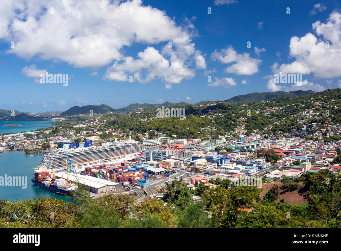 Blick auf die Stadt von Morne Fortune Lookout, Castries, St. Lucia, Kleine Antillen, Karibik Stockfoto