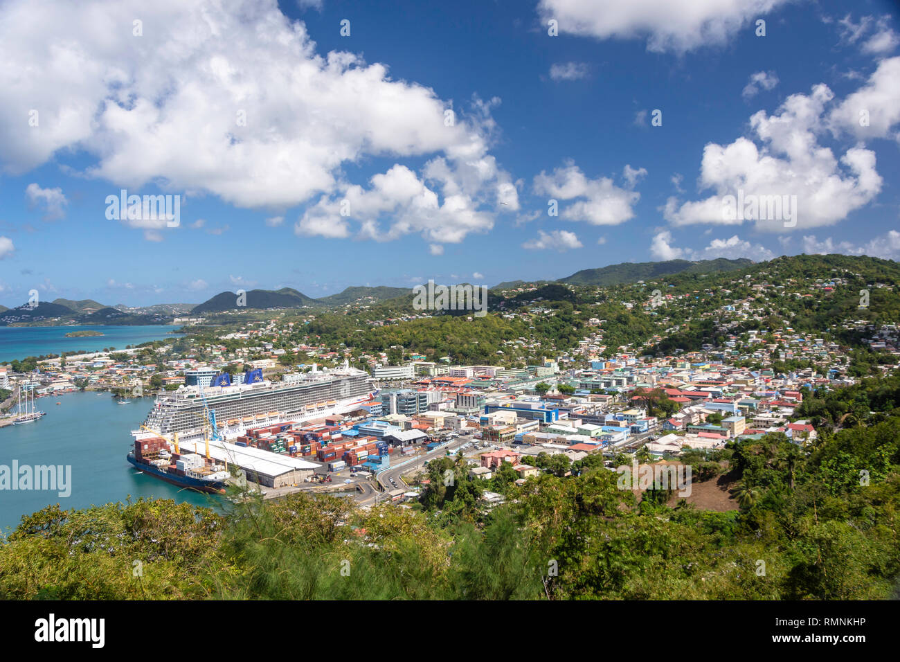 Blick auf die Stadt von Morne Fortune Lookout, Castries, St. Lucia, Kleine Antillen, Karibik Stockfoto