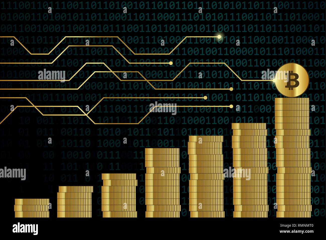 Steigende bitcoin Kurs viele Goldene digitale Münzen mit binären Code Hintergrund Finanzen konzept Vektor-illustration EPS 10. Stock Vektor