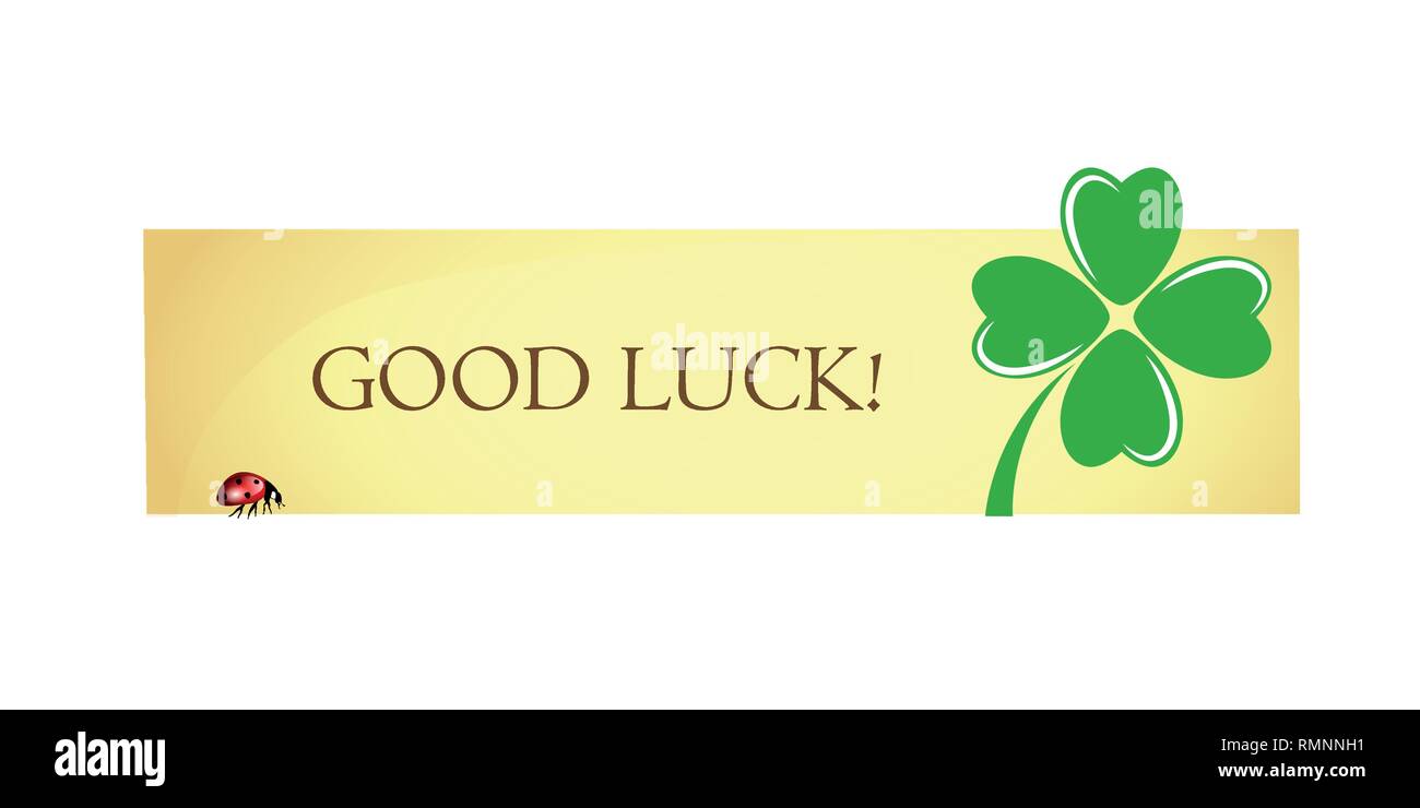 Viel Glück Label mit Vier Kleeblatt und Marienkäfer Vektor-illustration EPS 10. Stock Vektor