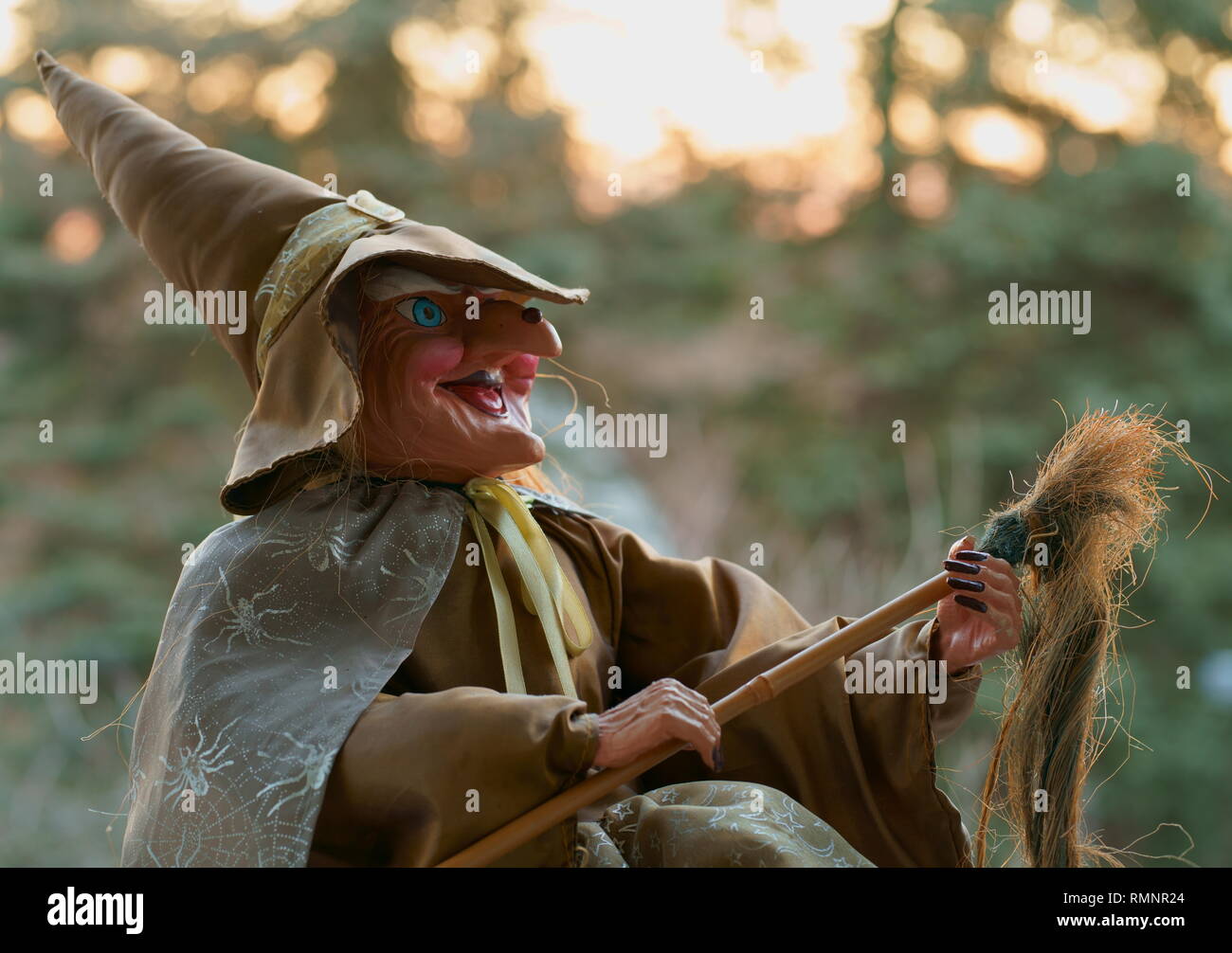 Porträt einer Hexe Figur mit Besen. Spinnen und Cobweb das Kap dekorieren. Traditionelle für die Walpurgisnacht und Halloween. Stockfoto