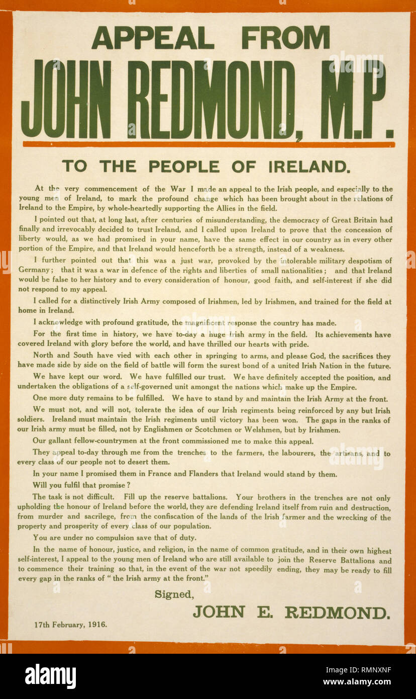 Poster gedruckt im Namen von John Redmond mp appellieren an die Menschen in Irland britische Truppen während des Zweiten Weltkriegs im Februar 1916 zu verbinden. John Redmond mp wurde in der irischen Home Rule Krise instrumental und forderte die Bildung einer Irischen Armee der Nationalen Freiwilligen, dann würde in der Irischen Divisionen der neuen britischen Armee zu dienen. Redmond geglaubt, dies würde helfen Home Rule für Irland nach dem Krieg wie Großbritannien erreichen würden dankbar sein. Der Osteraufstand fand statt und die Stimmung für die Briten verloren war. Stockfoto