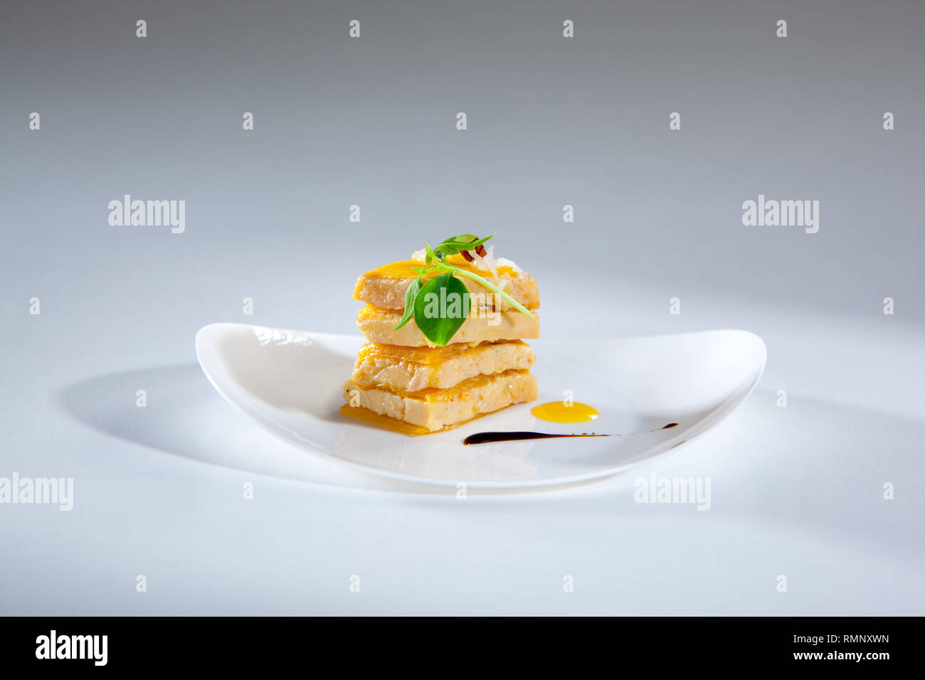 Köstliche Pastete und Mango Aperitif auf dem weißen Teller ...