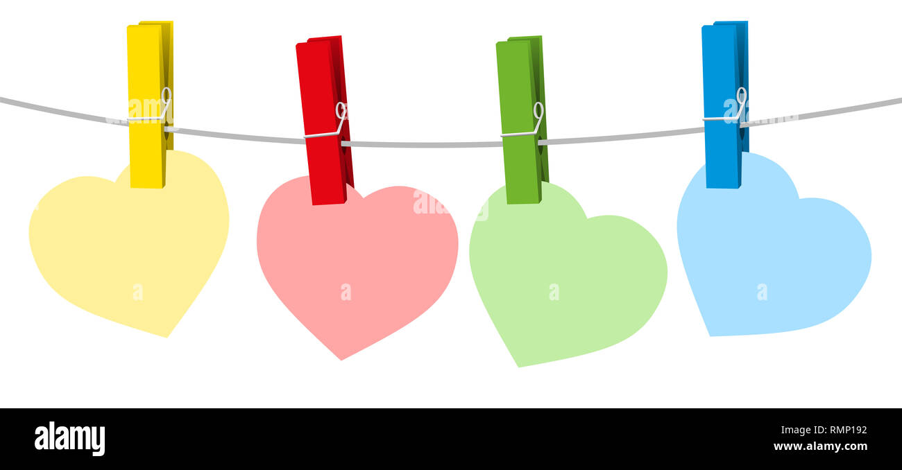 Vier farbige Papier Herzen und Kleidung Pins auf eine Wäscheleine Seil - Abbildung auf weißem Hintergrund. Stockfoto