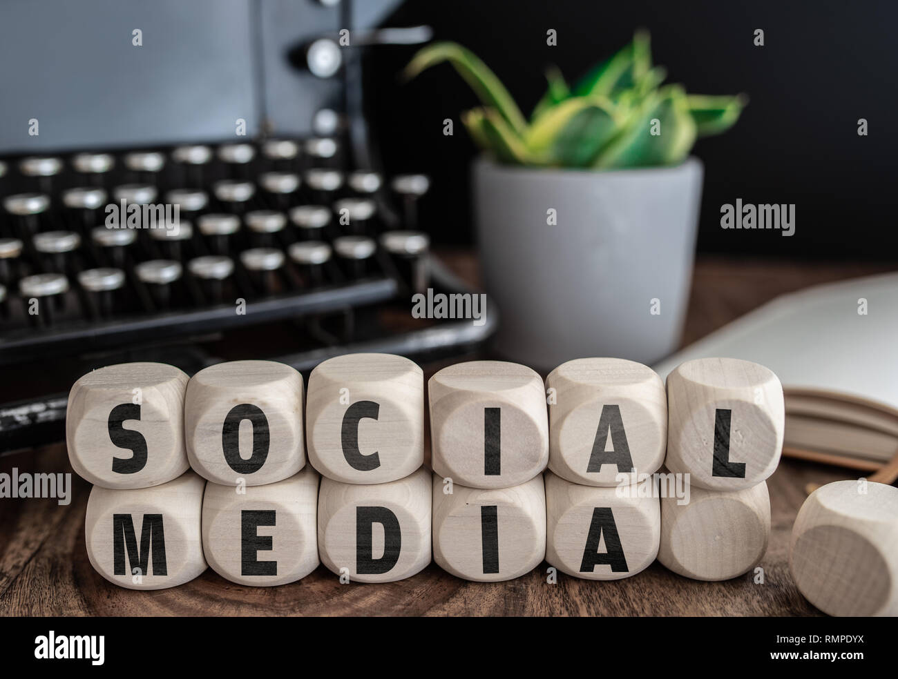 Worte SOCIAL MEDIA auf Holzklötzen gegen vintage Schreibmaschine und Topfpflanze auf dem Schreibtisch Stockfoto
