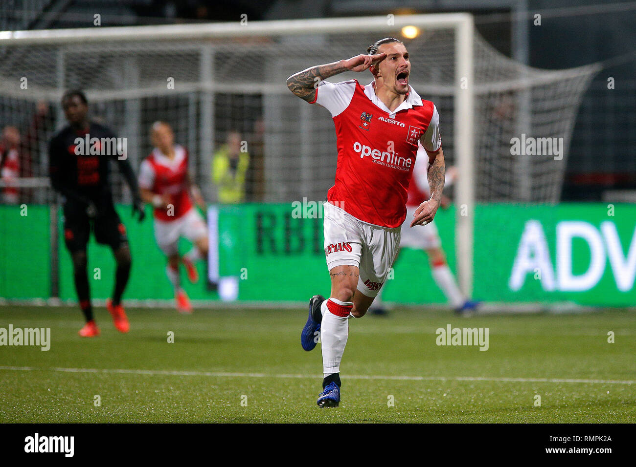 MAASTRICHT - Fußball, 15-02-2019, Stadion De Geusselt", MVV Maastricht-Jong FC Utrecht, Niederlande Keuken Kampioen divisie, Saison 2018/2019, Endergebnis 4-2, MVV Maastricht player Jordy Croux zählte das 2-1. Stockfoto