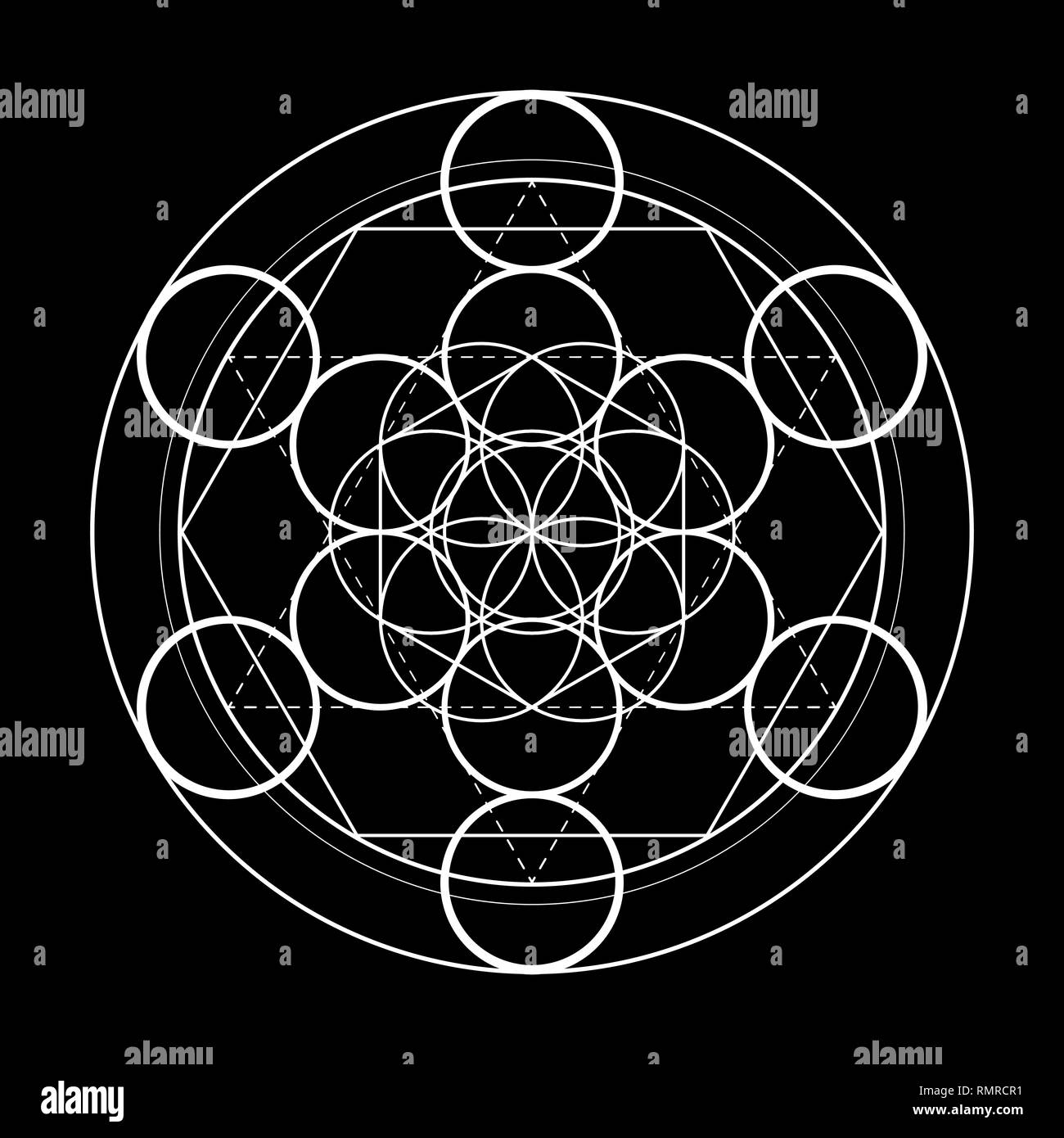 Heilige Geometrie Symbol. Metatrons Würfel auf schwarzen Hintergrund Vector Illustration Stock Vektor