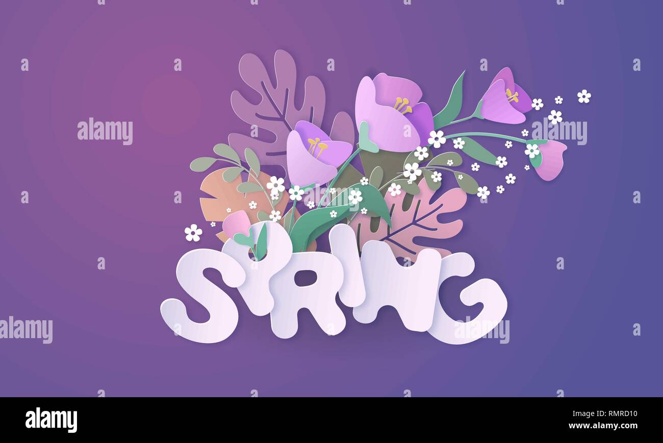 Papier schneiden 3d Frühling Blumen Banner in lila und violett Farben mit großen Buchstaben. Dekoratives Element für Urlaub Design. Vector Illustration Papier geschnitten Stock Vektor