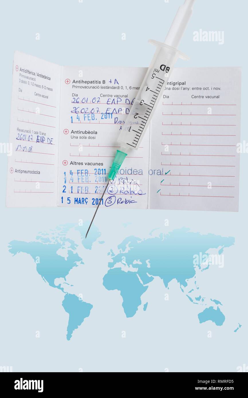 Reisen Impfpass, Weltkarte und die Spritze Stockfoto