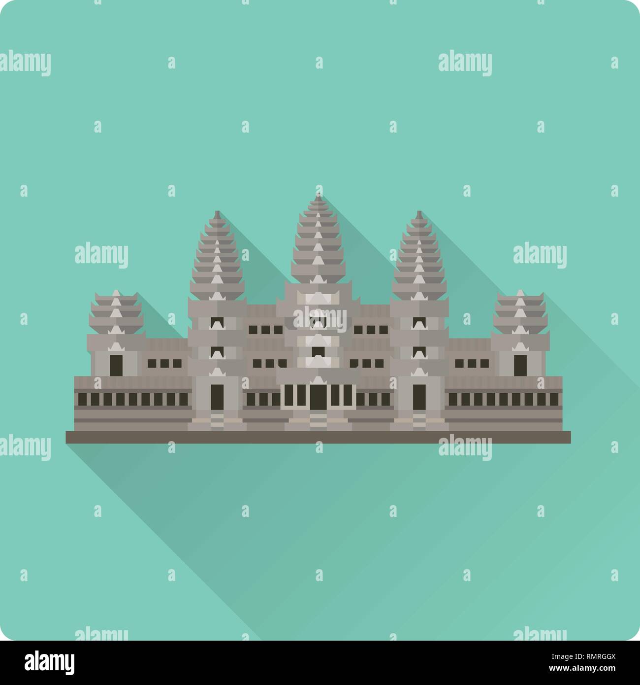 Flache Bauweise Tempelanlage Angkor Wat flache Bauweise lange Schatten Symbol Stock Vektor