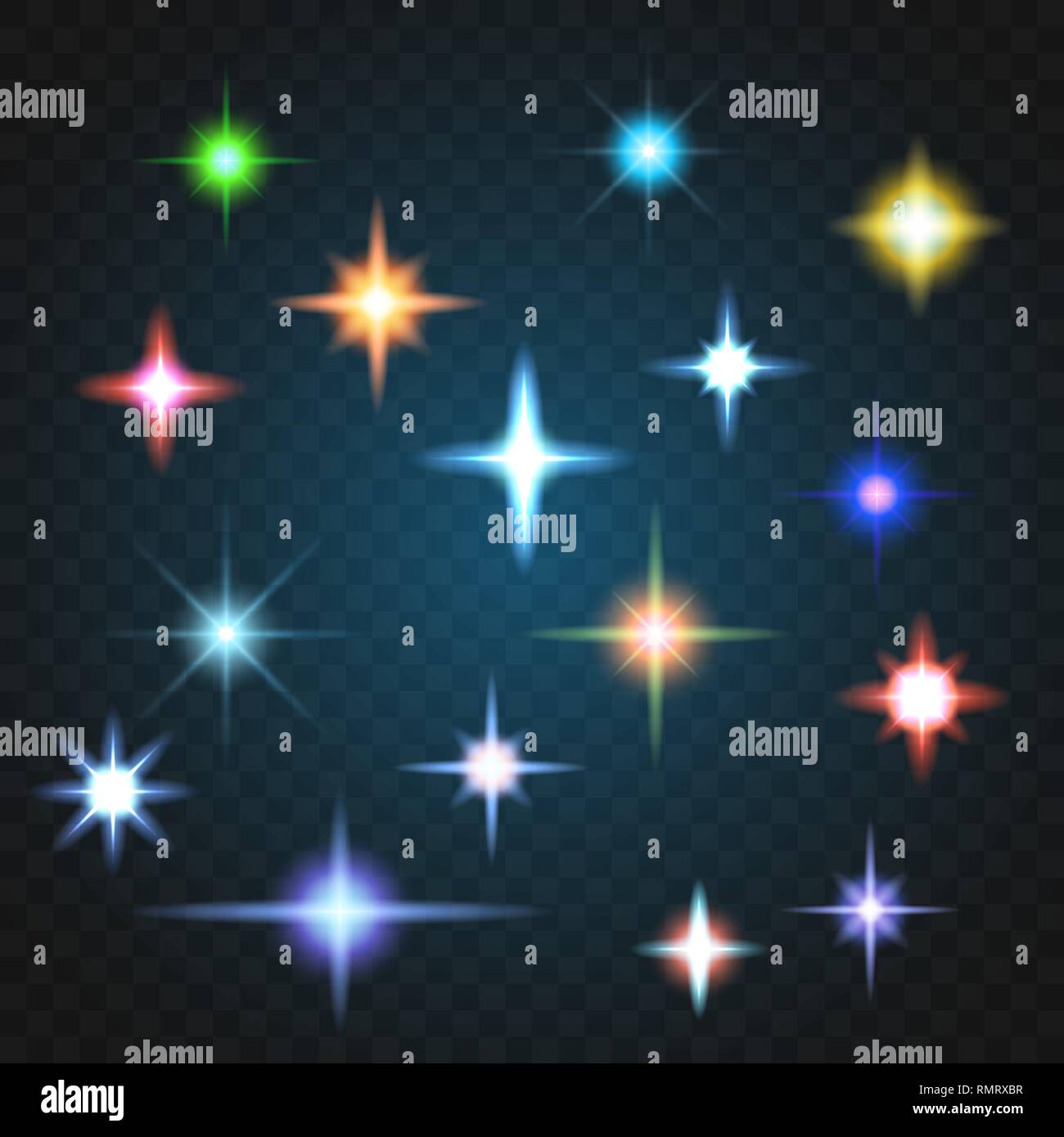 Licht Blendung, markieren Sie die Option. Sammlung von Lens Flares verschiedene Farben. Stock Vektor