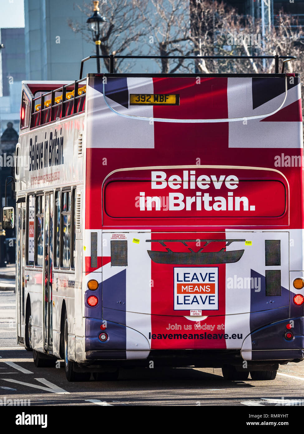 Brexit verlassen Bus-Kampagne Glauben in Großbritannien Bus in London verlassen in der Nähe der Parlamentsgebäude Stockfoto