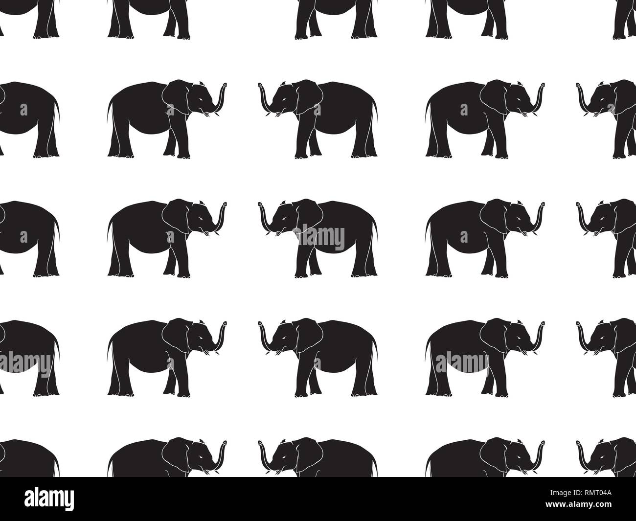 Nahtlose Muster mit Hand gezeichnet Elefant Silhouetten Vector Illustration. Schwarz auf weißem Hintergrund. Stock Vektor