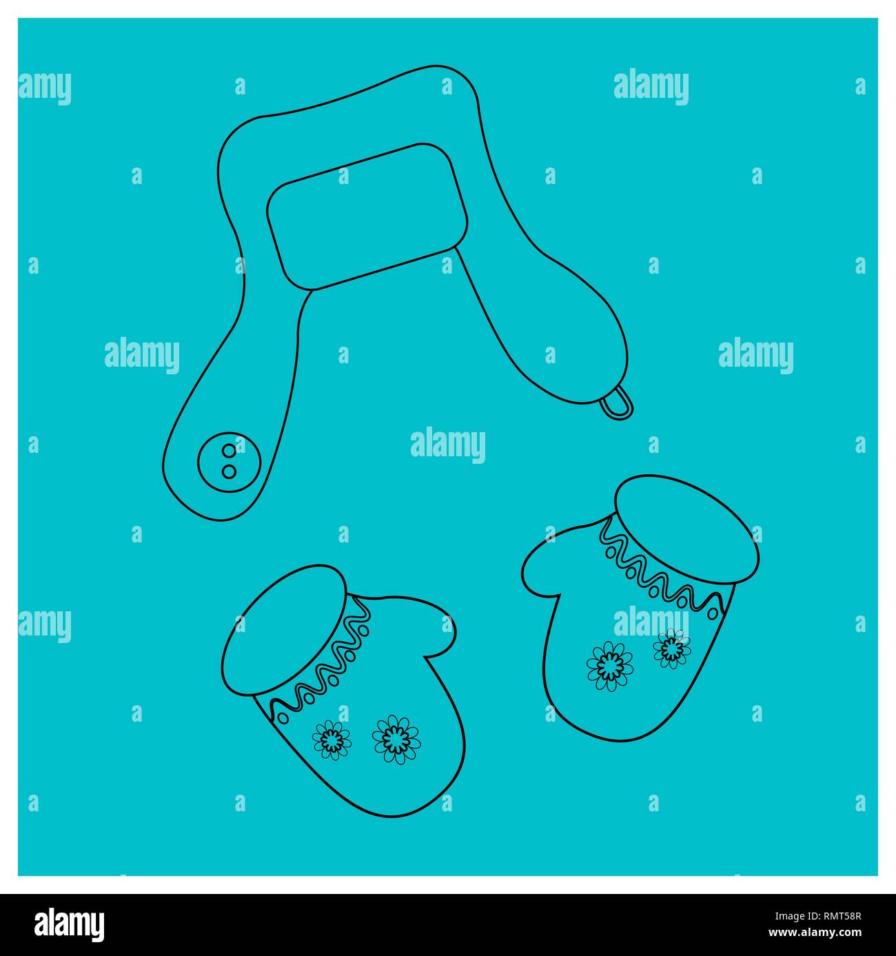 Schwarzen umrissen Objekte, Hut und Handschuhe. Elemente der Winterkleidung. Zubehör Tracht. Malbuch Stock Vektor