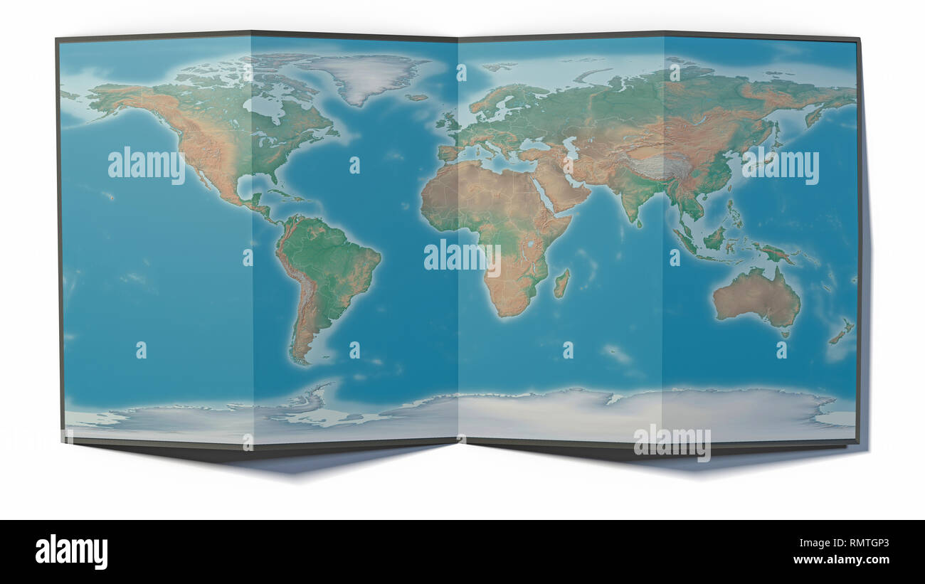 Weltkarte auf einem gefalteten Blatt, erdkarte stützte sich auf eine Oberfläche, 3D-Rendering gezeichnet. Physische Karte Stockfoto