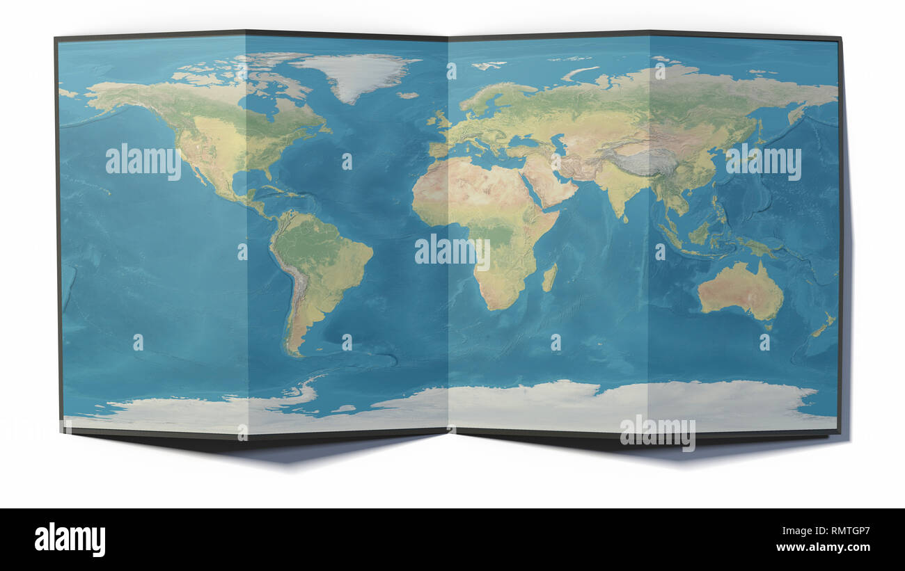 Weltkarte auf einem gefalteten Blatt, erdkarte stützte sich auf eine Oberfläche, 3D-Rendering gezeichnet. Physische Karte Stockfoto