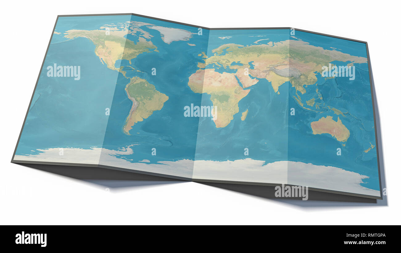 Weltkarte auf einem gefalteten Blatt, erdkarte stützte sich auf eine Oberfläche, 3D-Rendering gezeichnet. Physische Karte Stockfoto