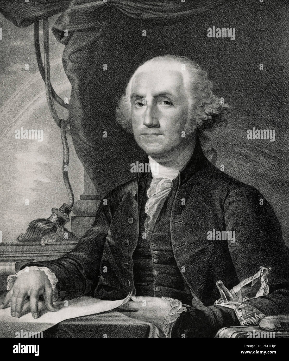 George Washington (1732-99), erster Präsident der Vereinigten Staaten, halber Länge sitzt Portrait, Lithograph und von Endicott und Swett, 1830, veröffentlicht. Stockfoto