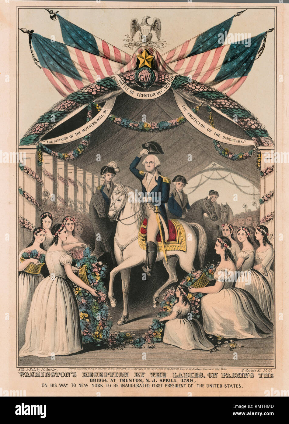 Washington's Empfang durch die Damen, auf der Brücke in Trenton, New Jersey, April 1789, auf dem Weg nach New York eingeweiht, der erste Präsident der Vereinigten Staaten zu sein, Lithographie von Nathaniel Currier, 1845 veröffentlicht. Stockfoto
