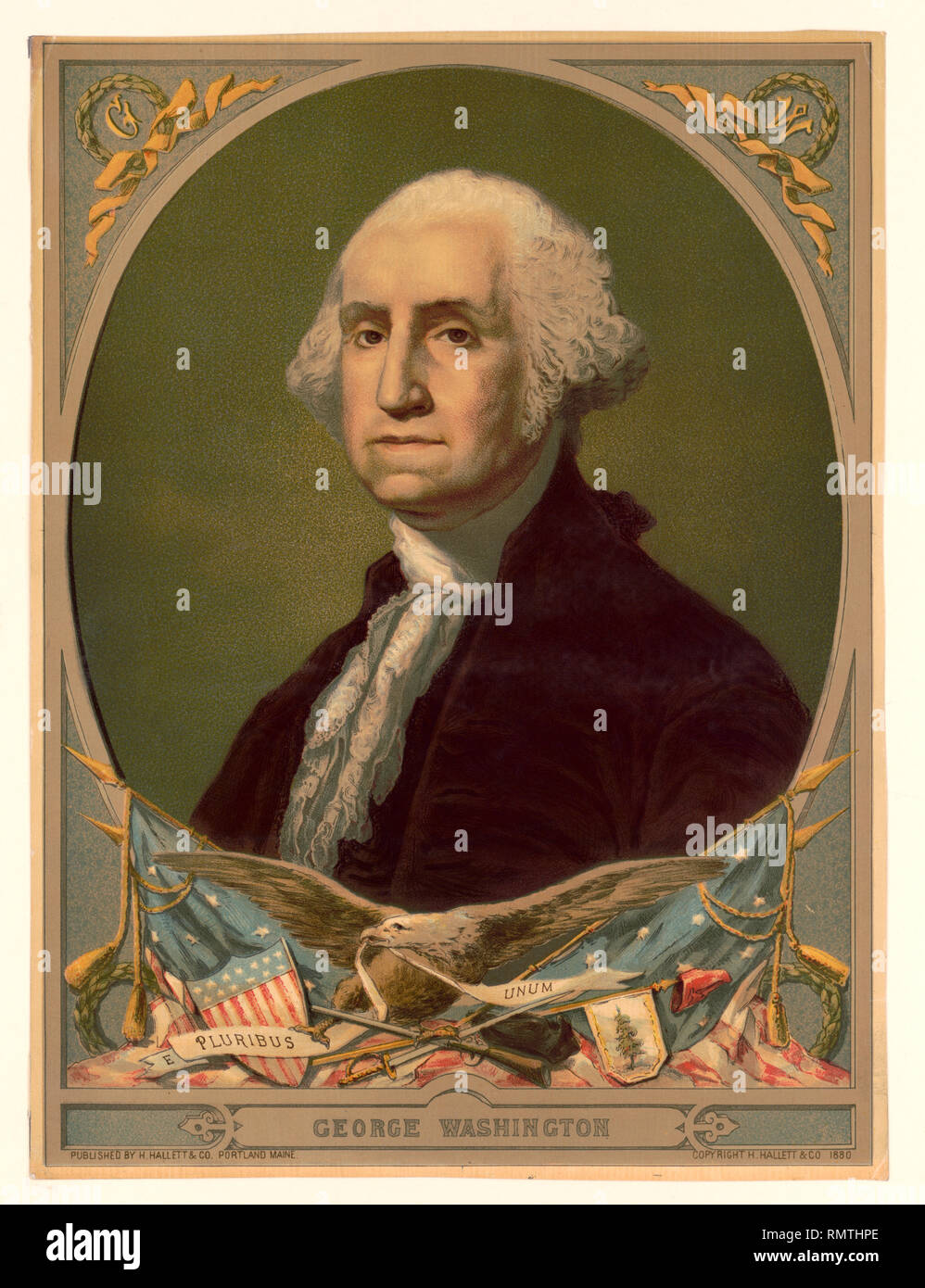 George Washington (1732-99), erster Präsident der Vereinigten Staaten, Kopf und Schultern Portrait von H. Hallett & Co., Portland, Maine, 1880 veröffentlicht. Stockfoto