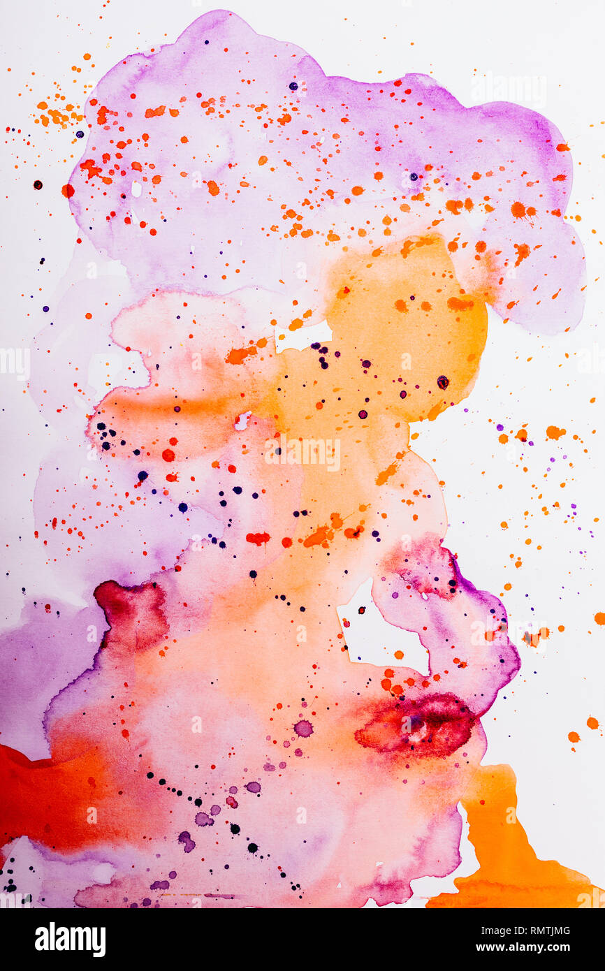 Aquarell Hintergrund der abstrakten Spots von Lila und orange Farben mit hellen Akzenten auf weißem Hintergrund. Stockfoto