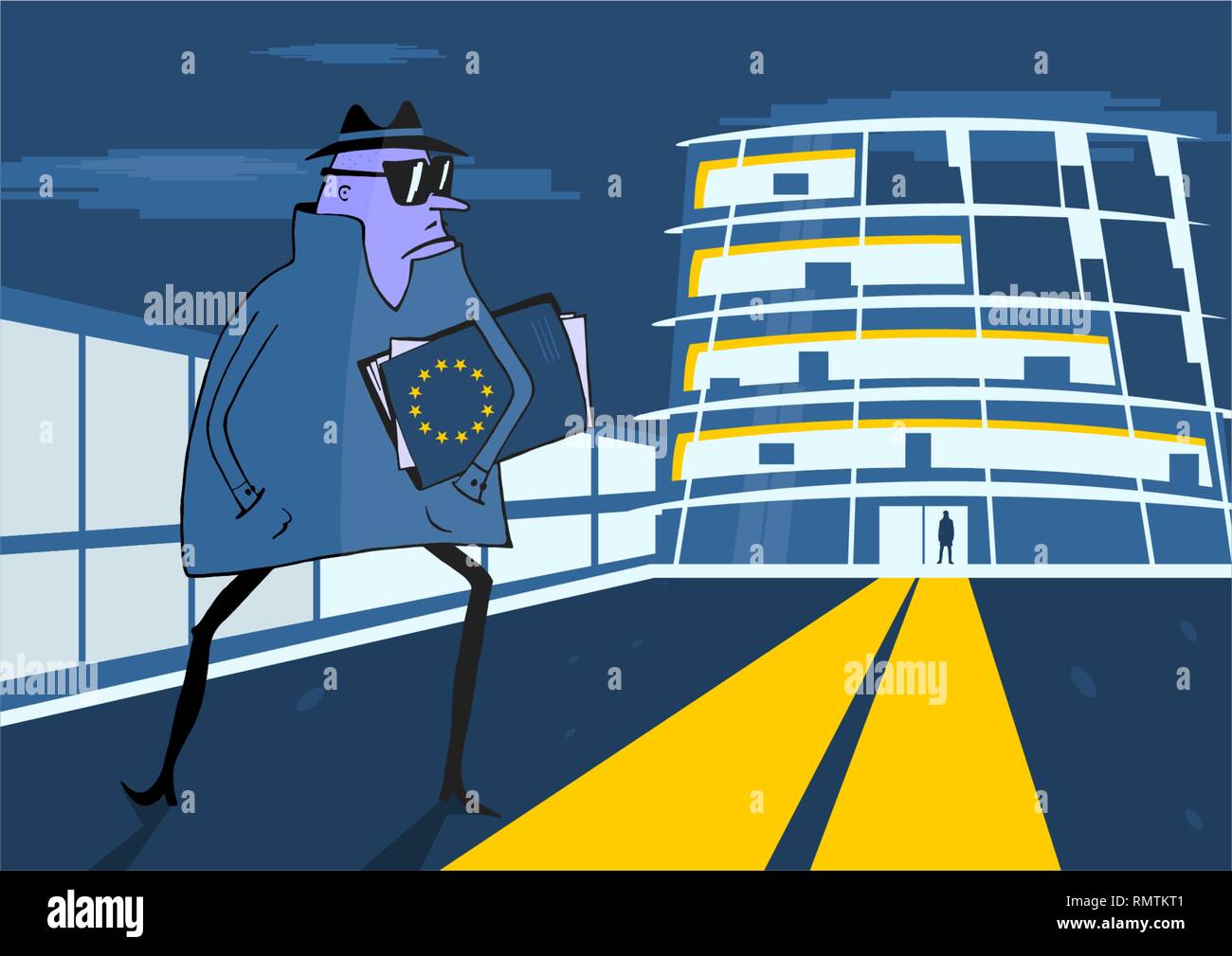 Europäische Union. Circa 2019. Cartoon spy stehlen geheime Dokumente der Europäischen Institutionen Stock Vektor