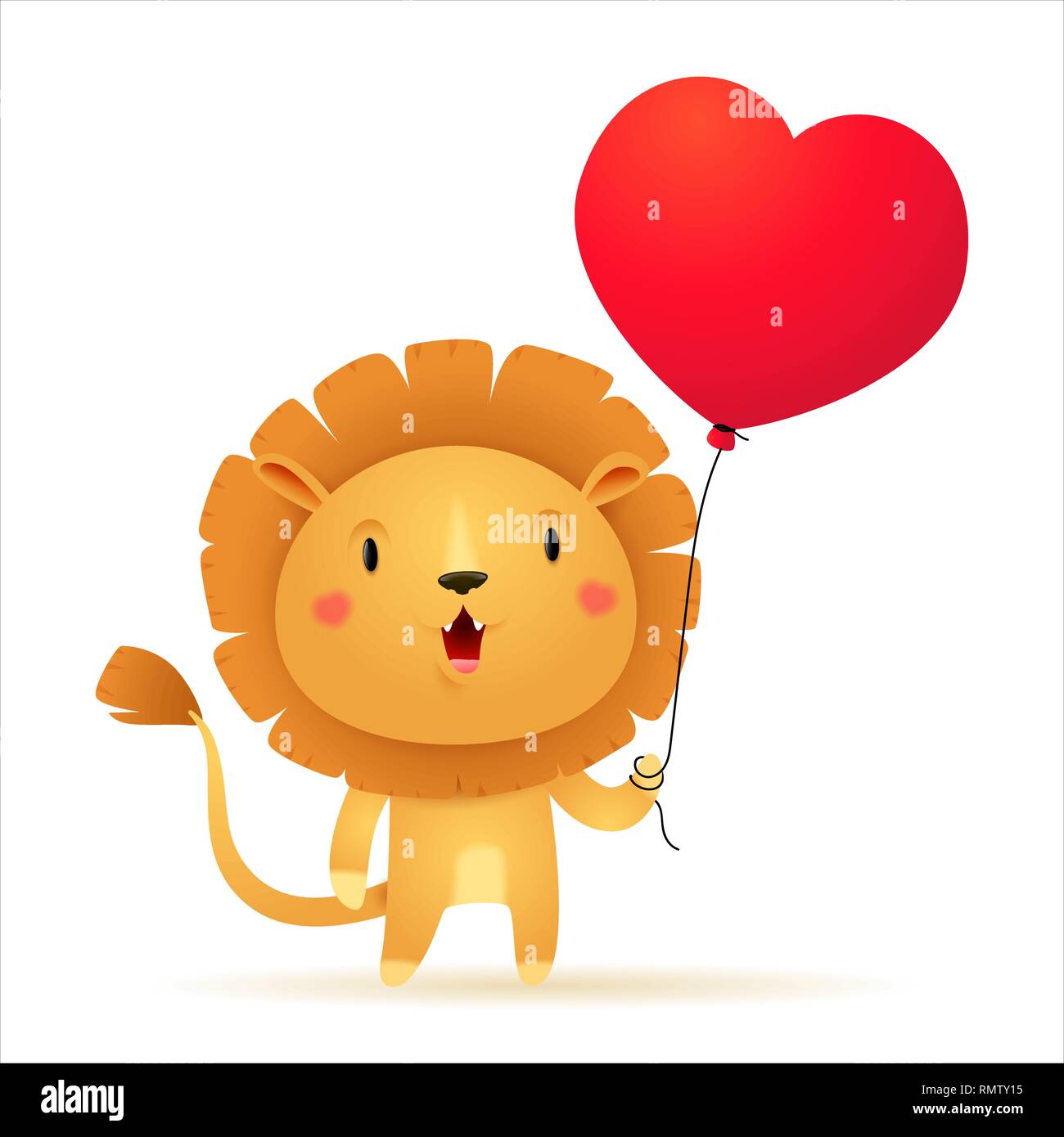Süße kleine Löwen Charakter mit roten Herzen Ballon auf weißem Hintergrund als Valentines Tag Karte Stock Vektor