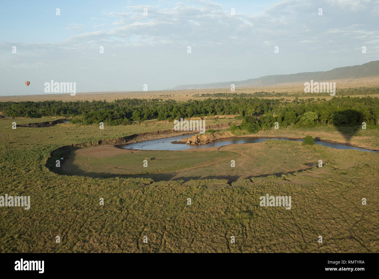 Luftbild des Mara River mit riverine Waldland, aus dem Ballon, Masai Mara, Kenia Stockfoto