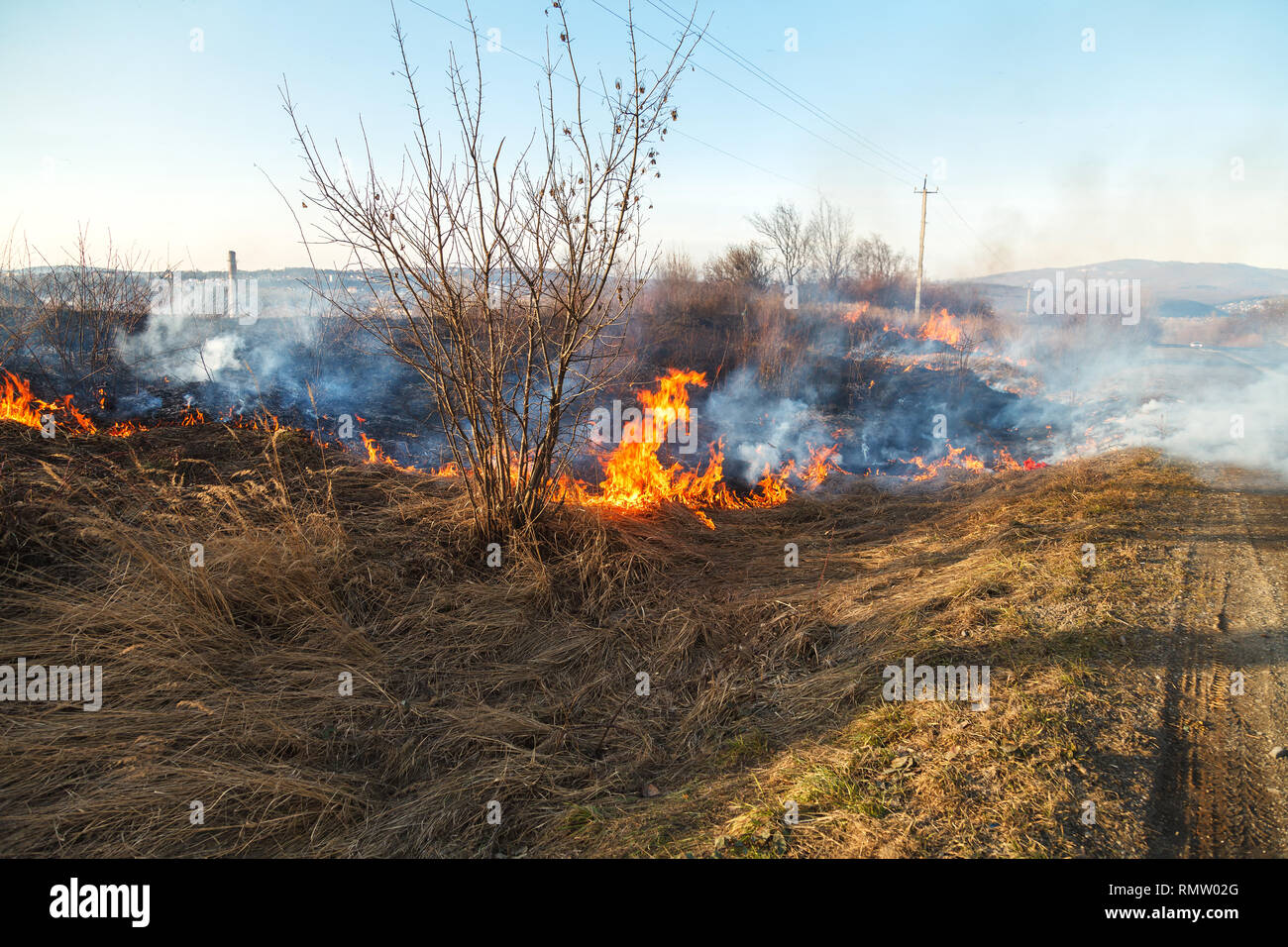 Im zeitigen Frühjahr, Feuer breitet sich durch trockene Vegetation, alles Brennen in den Weg. Dichter Rauch und große Brände verursachen Schaden der Landwirtschaft und environme Stockfoto