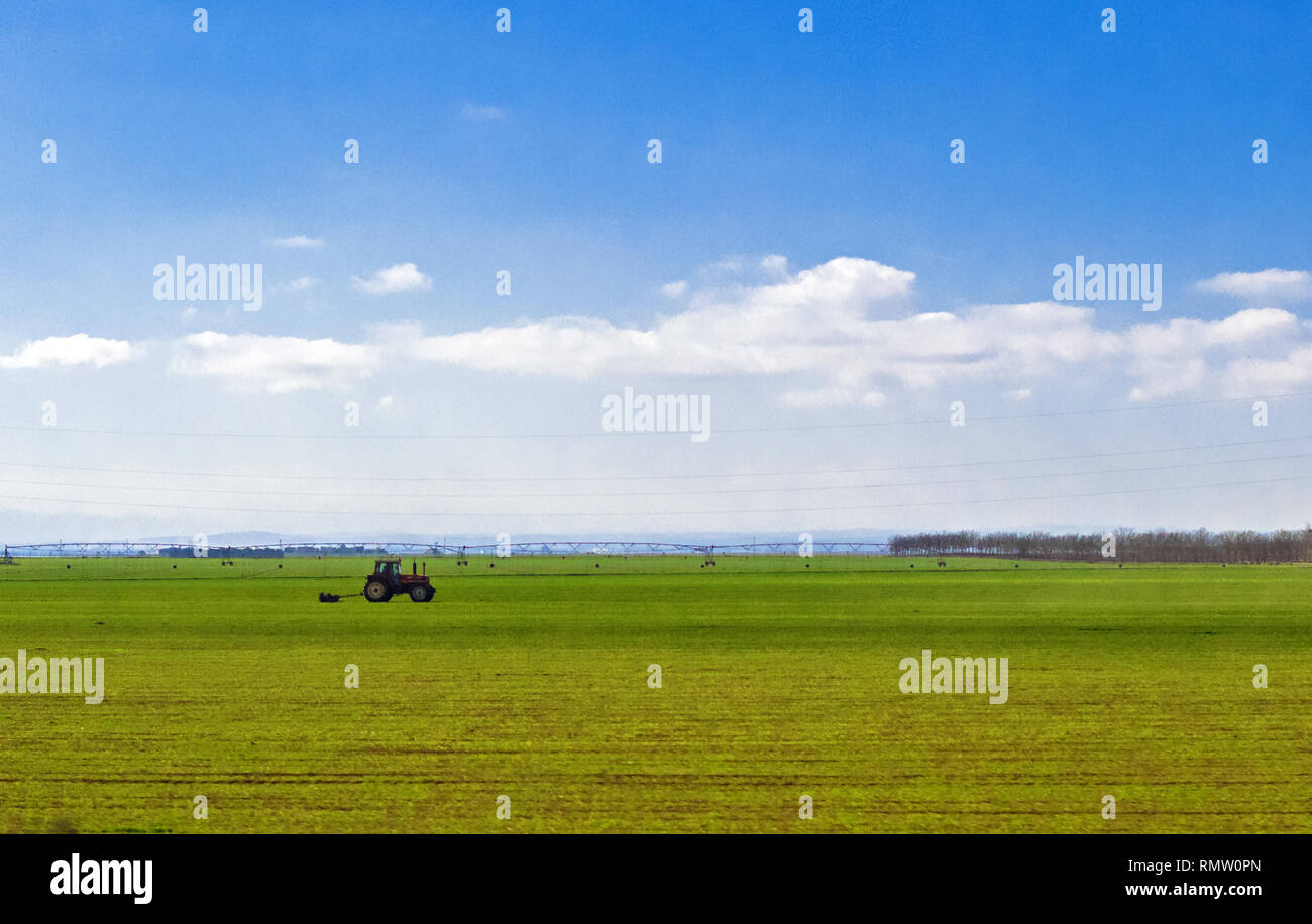 Traktor im grünen Feld über blauen bewölkten Himmel im Sommer oder Herbst Stockfoto