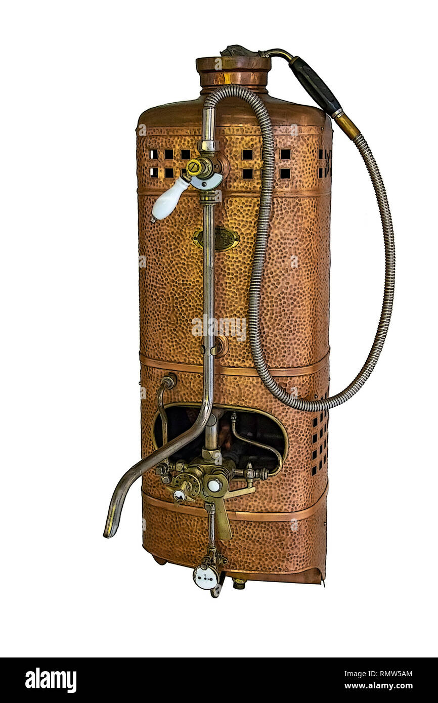 Vintage Gas Wasser Heizung mit auf weißem Hintergrund. Retro Durchlauferhitzer mit Tippen. Stockfoto