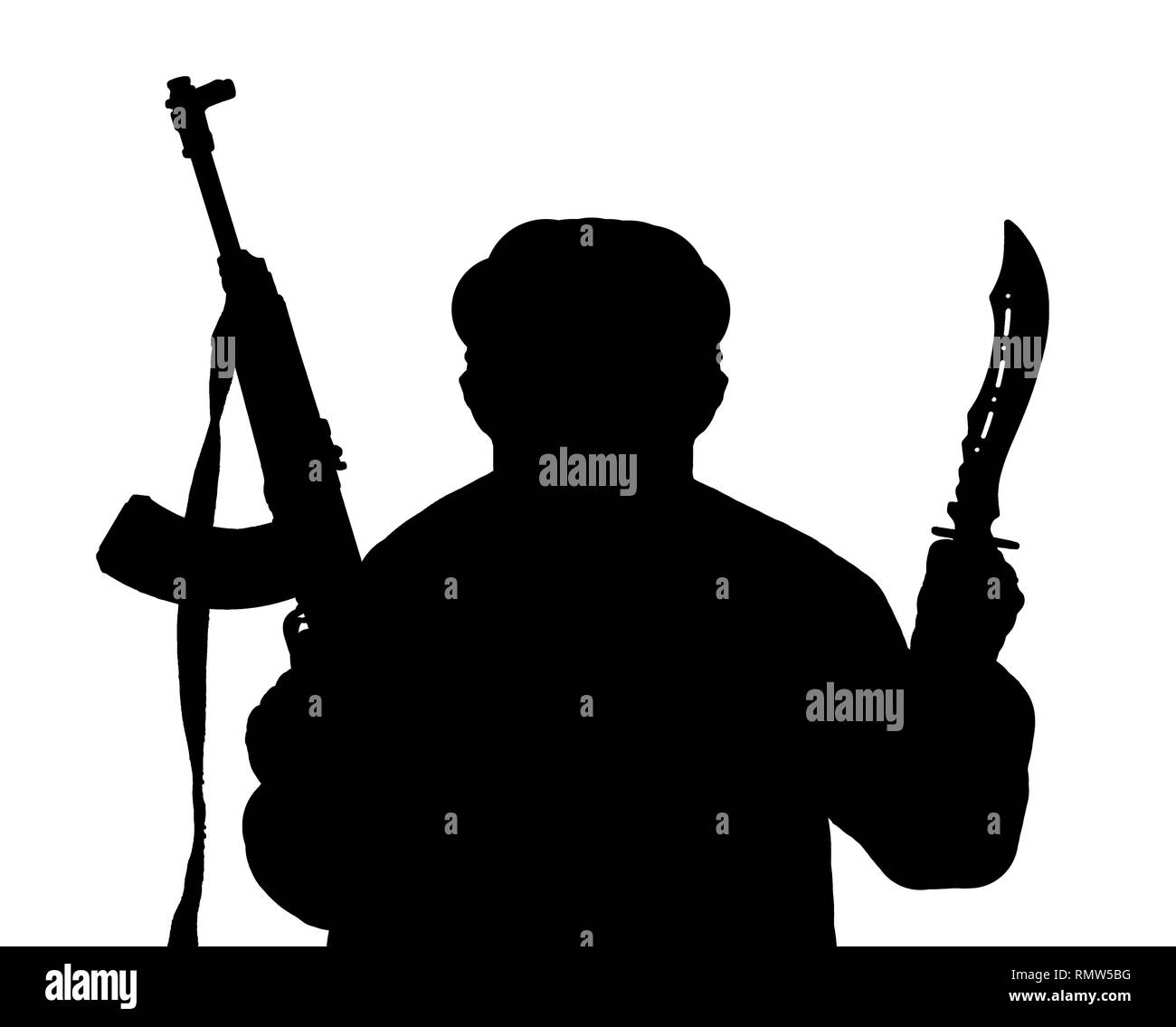 Die schwarze Silhouette des Menschen bewaffnet mit Kalaschnikow und Messer isoliert auf einem weißen Hintergrund. Stockfoto