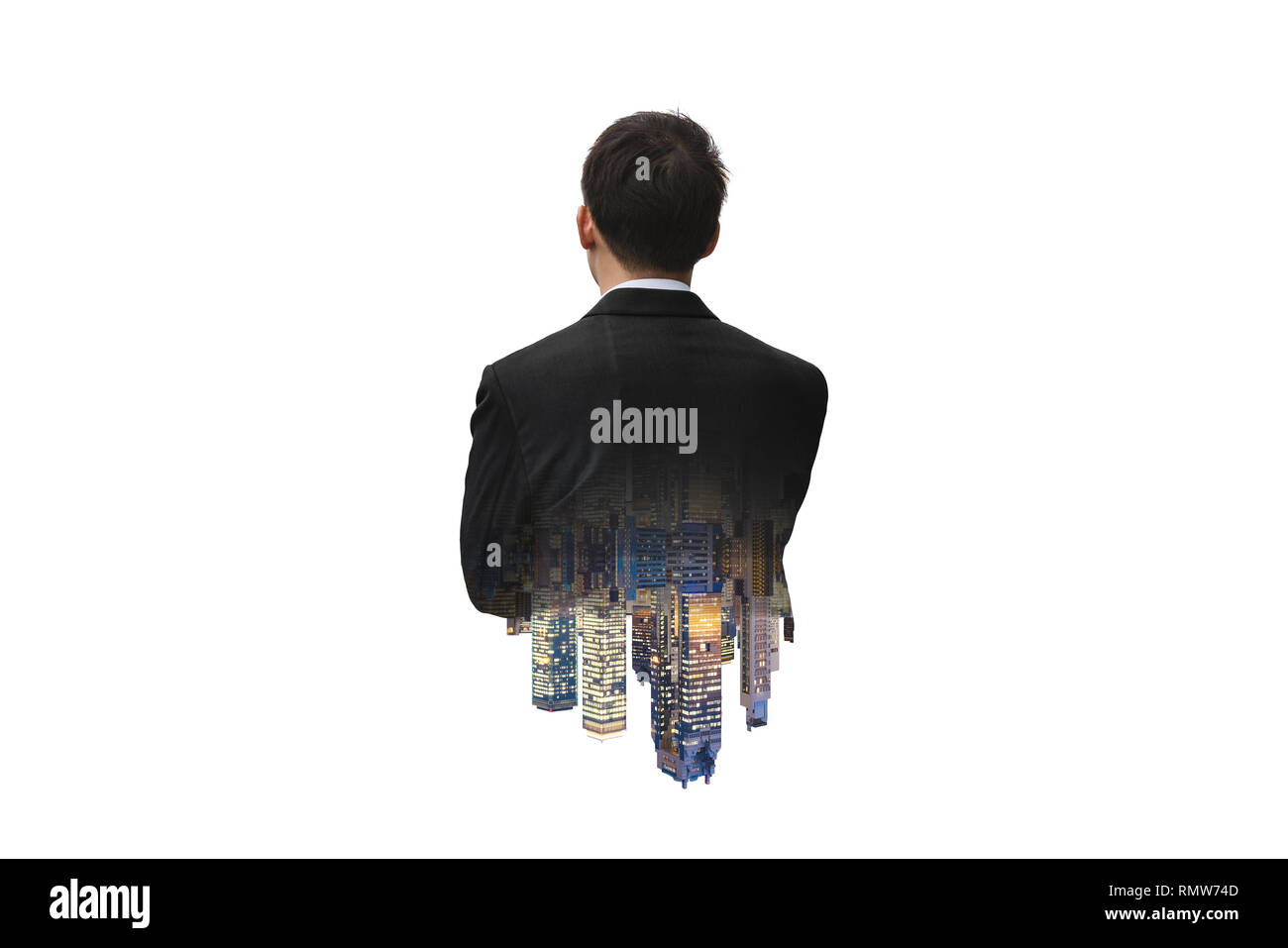 Immobilien Business, Immobilien Investor. Unternehmer im schwarzen Anzug und modernen Gebäuden, auf weißem Hintergrund Stockfoto