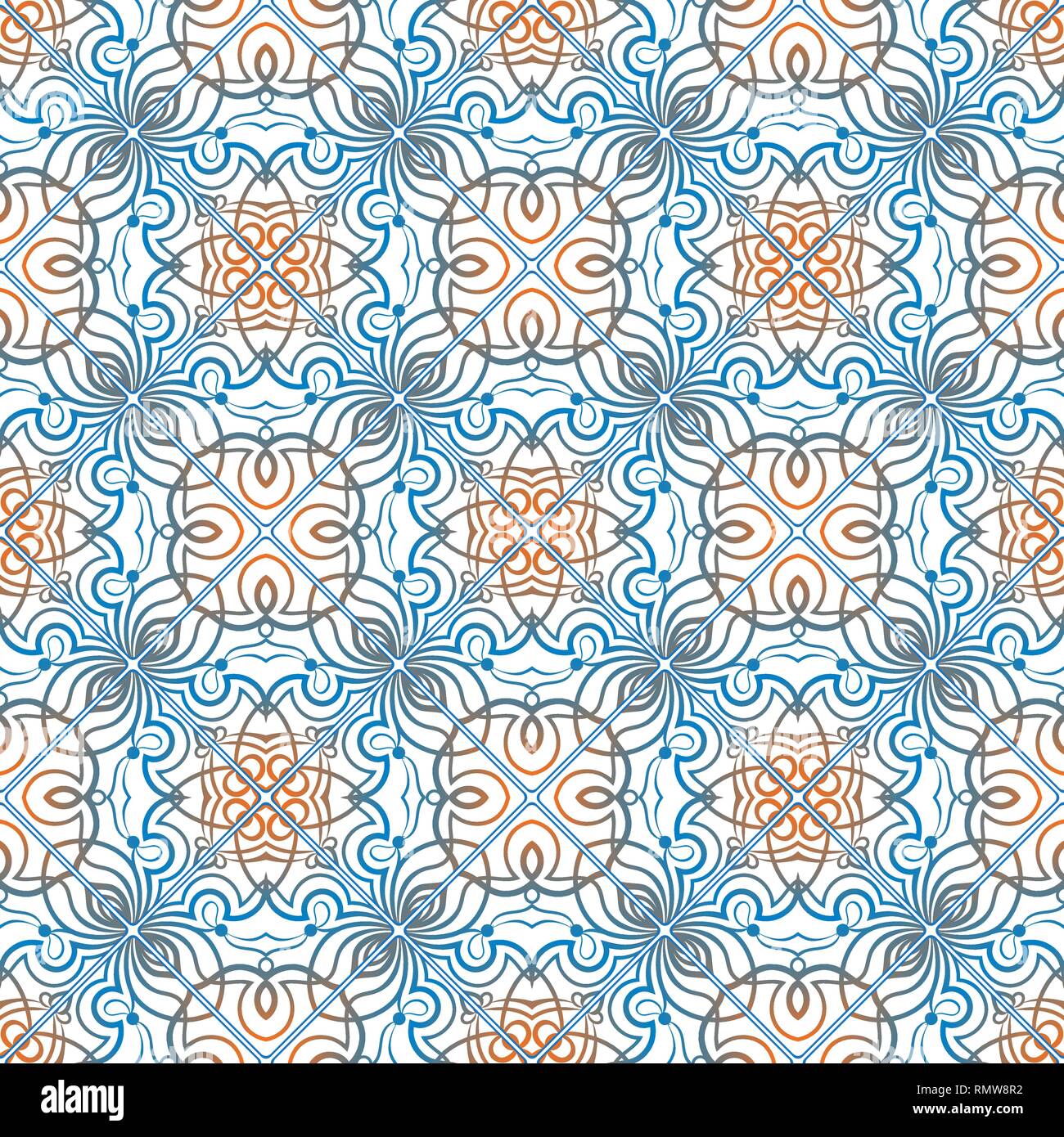 Blau mit orange Muster auf weißem Hintergrund. Sich wiederholende square Mosaikfliesen. Vector Illustration. Stock Vektor