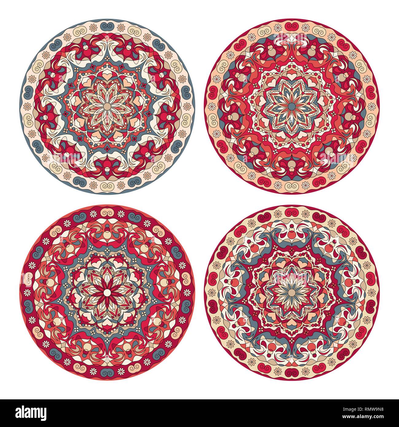 Vier rote kreisförmige Ornamente, Geschirr, Teller und Souvenirs. Vector Illustration. Stock Vektor