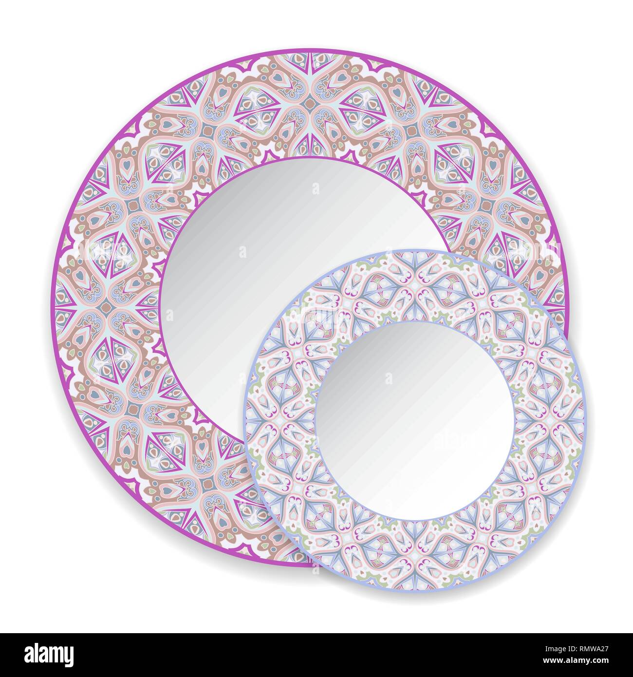 Zwei rosa runden Ornamenten zu Geschirr, Teller und Souvenirs. Vector Illustration. Stock Vektor