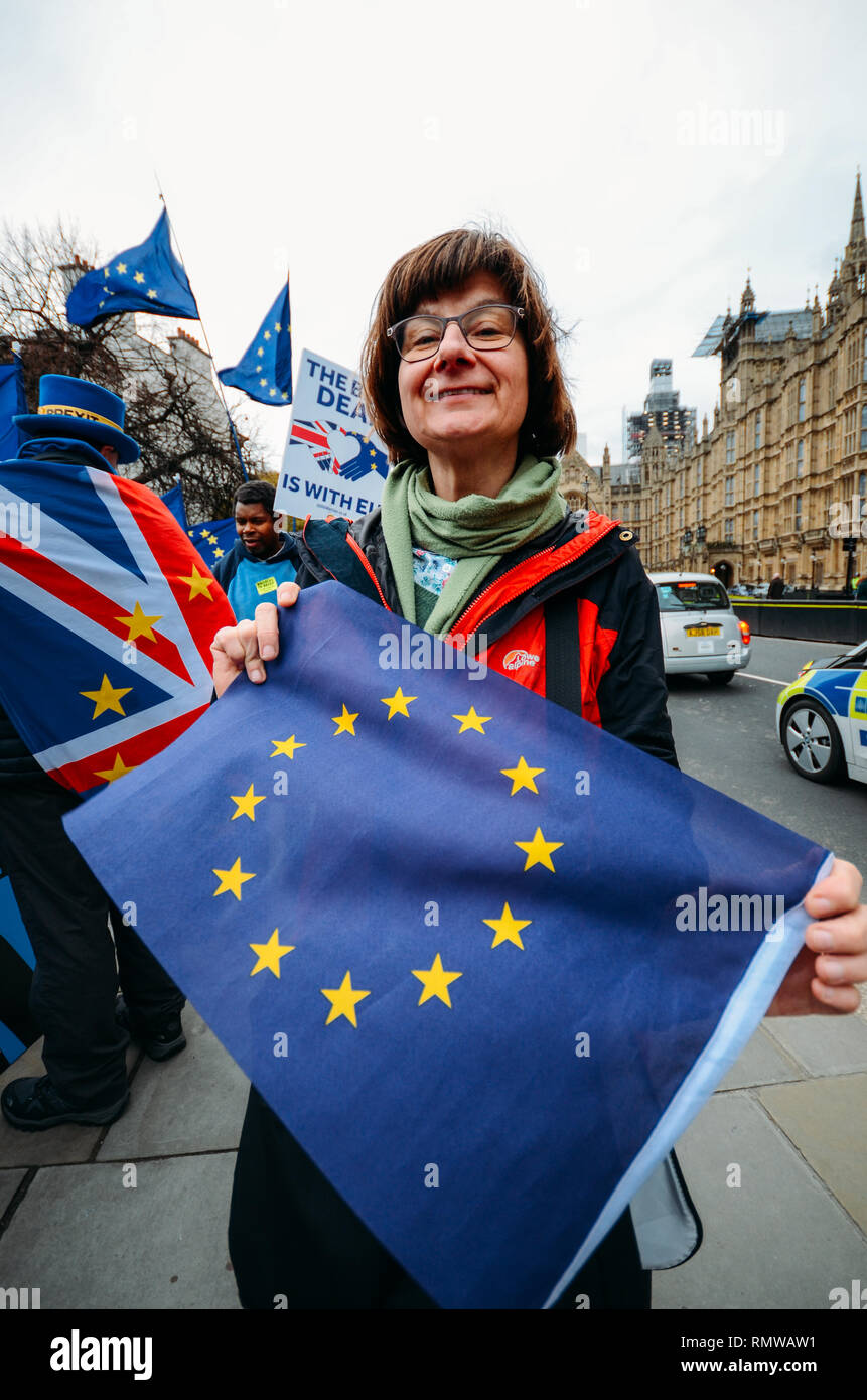 London, Großbritannien - Feb 11, 2019: Frau hält eine EU-Flagge im Protest gegen Brexit außerhalb des Westminster Palace, London, Großbritannien Stockfoto