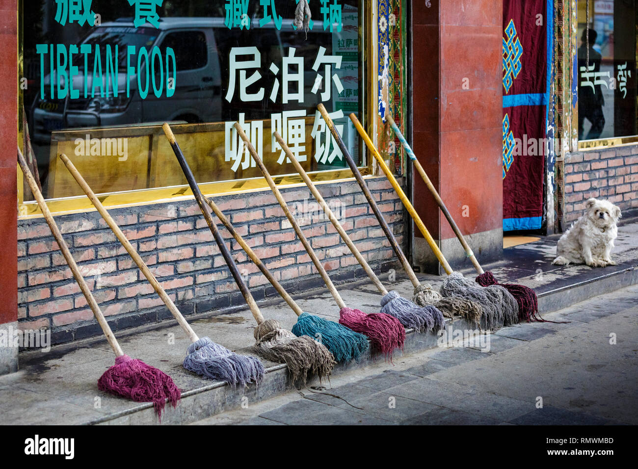 Lhasa, Tibet. Juli 2016 20. Reihe der Werkzeugbereich farbige Mops aufgereiht außerhalb eines tibetischen Restaurant mit einem Hund neben Ihnen. Foto: Bryan Watt Stockfoto